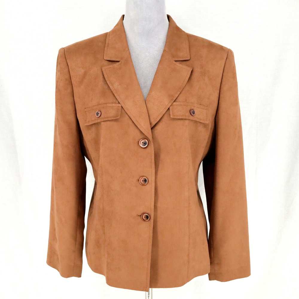 Kasper ASL Jacket Petites 14P Rust Beige Microsuede Lined Blazer Pockets Safari